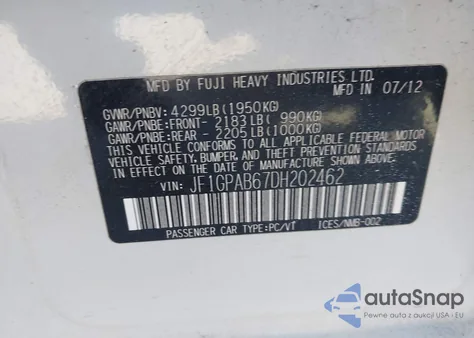 2013 Subaru Impreza 2.0I Premium z USA, uszkodzony, nr VIN JF1GPAB67DH202462